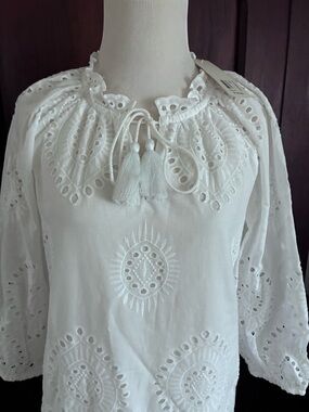 Soft Surroundings White Embroidered Midi Dress with Tassel Tie